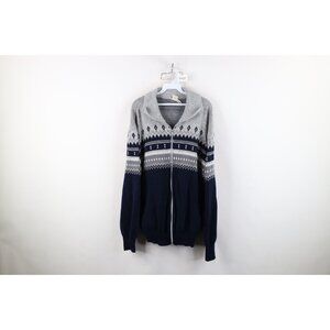 Vtg 70s Streetwear Mens 2XL Distressed Fair Isle Knit Full Zip Cardigan Sweater